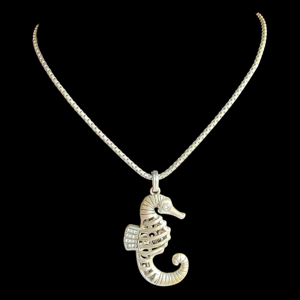 Monet Seahorse Necklace Silver-tone Rhinestone Pendant 17.5" Beachy‎ Statement